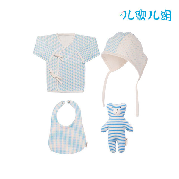 飞行员帽+婴儿和尚服上衣+围兜儿+Alvin摇铃(藍色) Blue