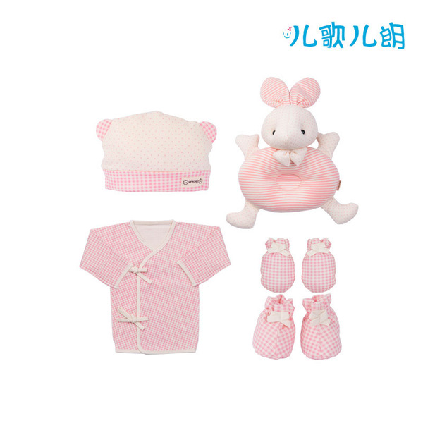 婴儿和尚服上衣+小新娃娃枕(Rabbit)+婴儿帽+手套,脚套 Pink